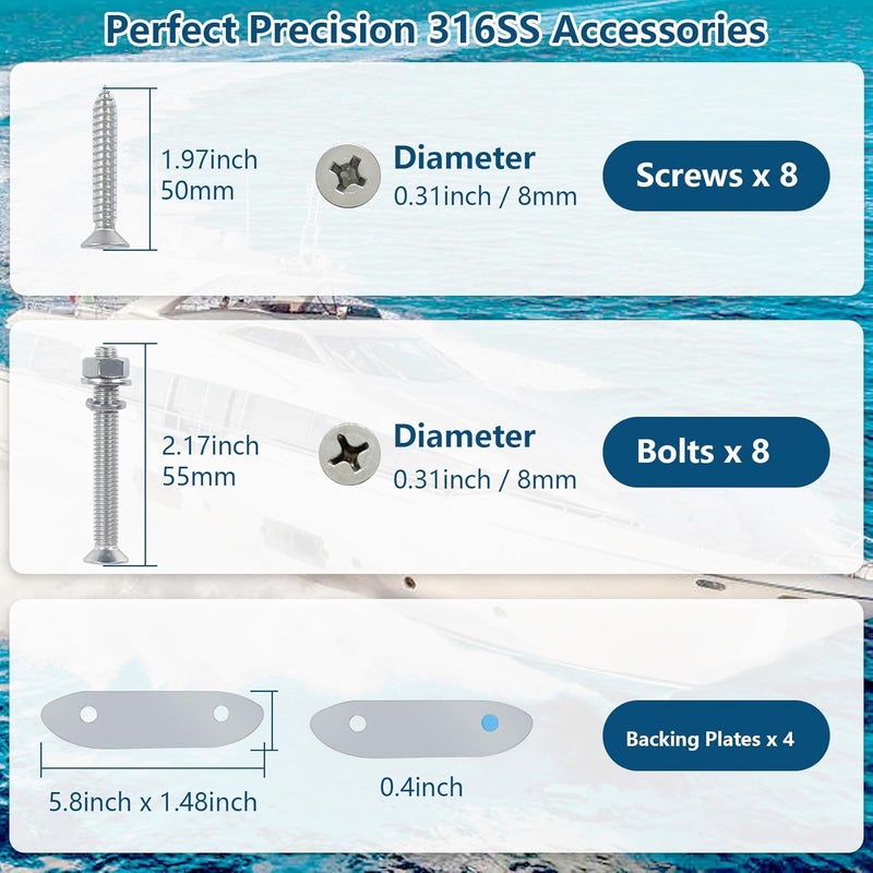 DEDU 4-1/2" Folding Boat Cleat 316 Stainless Steel, Marine Flip Up Dock Cleat 2 Holes, Boat Folding Cleat 6 Inch with Fasteners and Back Plates for Dock Lines Mooring Accessories (4 Pack) - Image 5